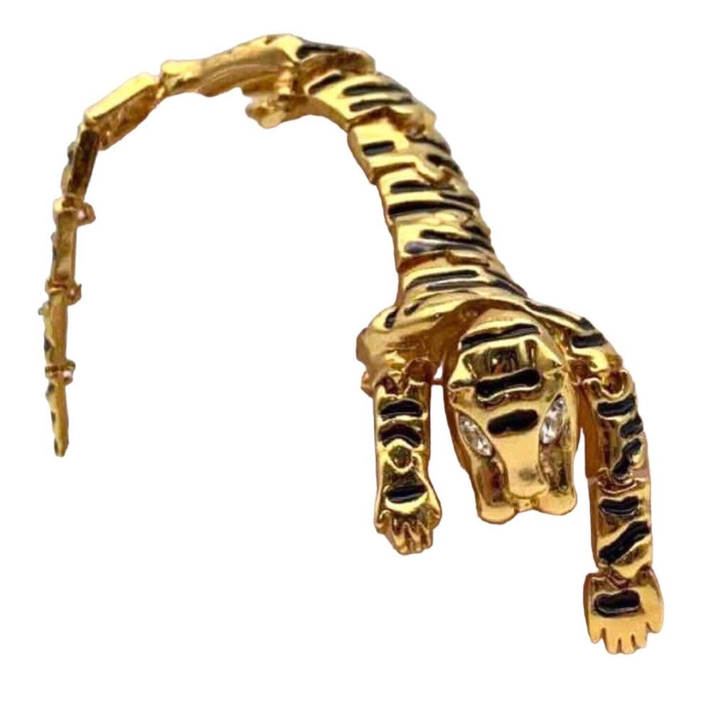Tiger Shoulder Brooch Pin Long Articulated Gold Tone Enamel Rhinestone Eye Retro